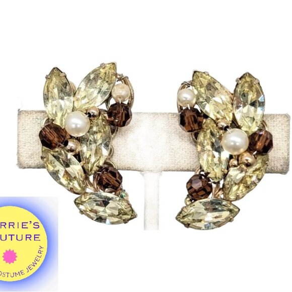 Vintage Signed Napier Faux-Citrine Topaz & Pearl Clip Earrings